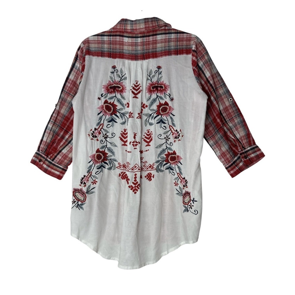 Kyla Seo Shirt Top Womens Medium Plaid Embroidered Back Long Sleeve Button Up